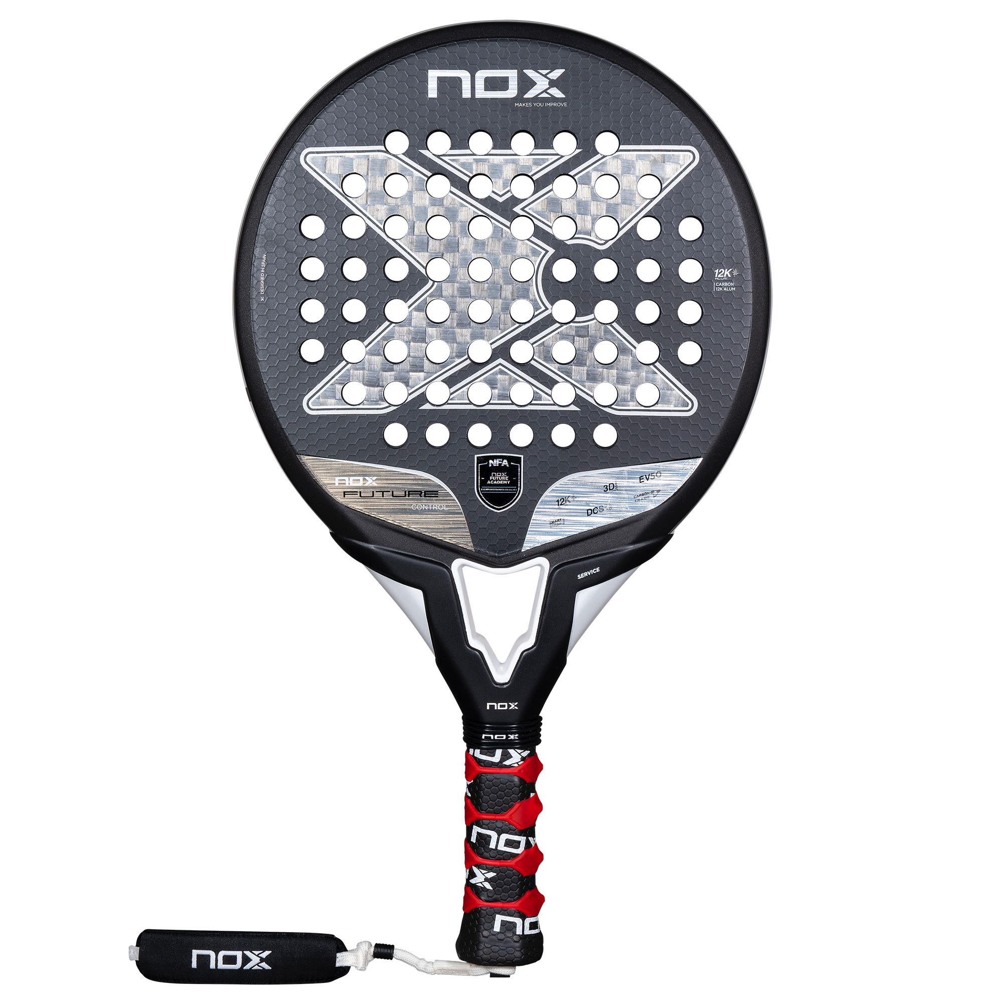 NOX Future CONTROL 12K ALUM 2025 padelio raketė – priekinis vaizdas, apvali forma ir 12K aliuminio anglies pluošto paviršius kontrolei